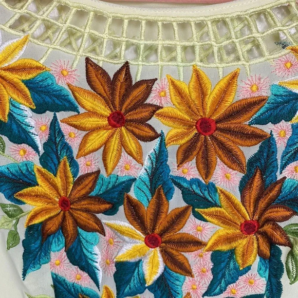 Vintage 70s Embroidered Floral & Leaf Sheer 3/4 length sleeve Dress/Overlay XS - Picture 6 of 13